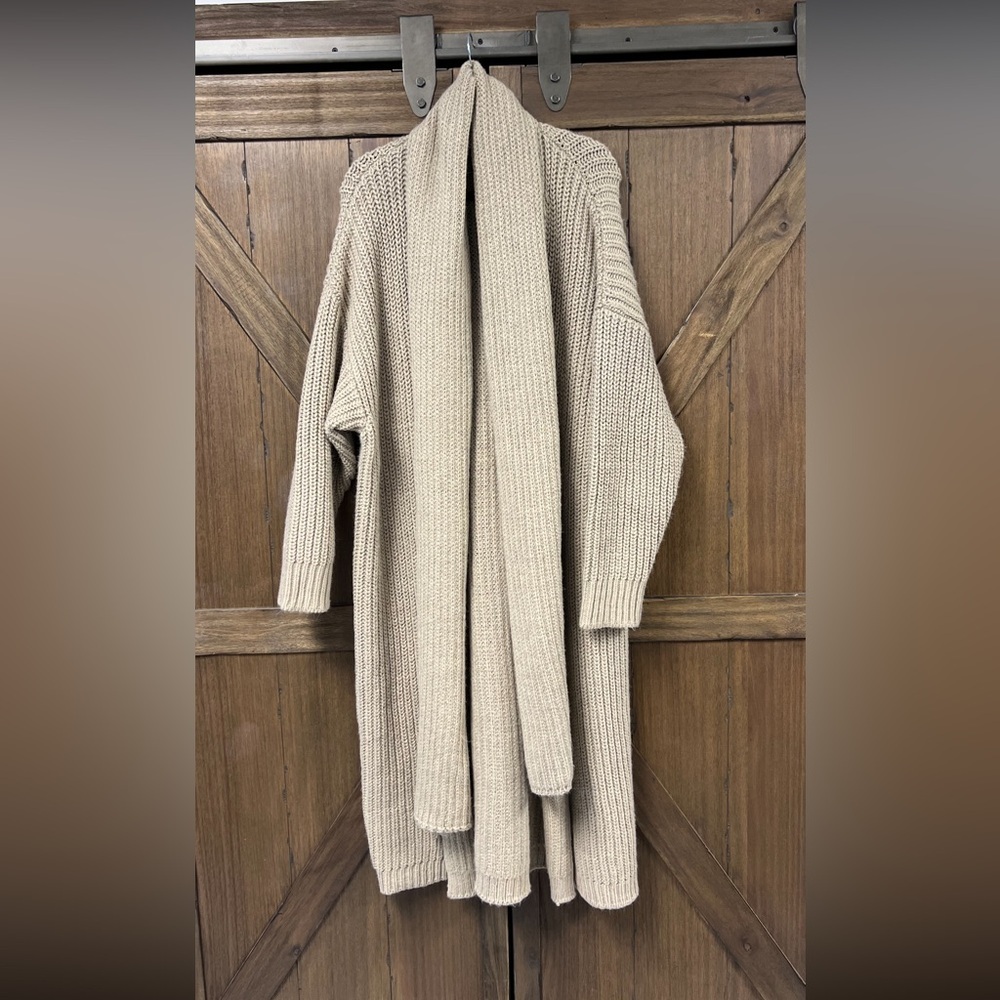 Zara Long Ribbed Knit Cardigan with Scarf - Beige - Picture 4 of 8